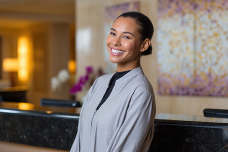 Smiling receptionist in a modern hotel lobby, creating a welcoming atmosphere for guests. Elegant decor and professional service highlightedの素材
