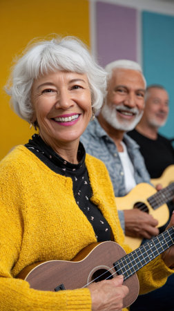 Elderly friends enjoying a music session with ukuleles, smiling and creating a joyful atmosphere in a colorful roomの素材