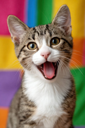 Close up of a cute kitten meowing against a vibrant, multicolored backdrop, capturing its playful and expressive natureの素材