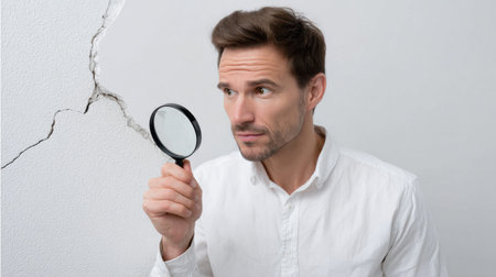 Man closely inspecting a wall crack using a magnifying glass, emphasizing attention to detail and structural analysis in home inspectionの素材