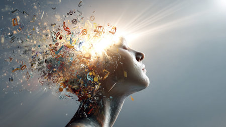 Conceptual representation of a human head bursting with colorful symbols and light, symbolizing creativity, ideas, and imaginationの素材