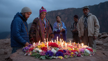 Group of people performing a ritual with candles and flowers arranged on a stone altar in the mountainsの素材