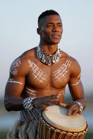 Young muscular tribal musician, adorned with vibrant body paint, passionately playing a djembe drum in the warm glow of outdoor sunlightの素材