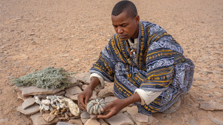 Herbalist carefully arranges medicinal plants and desert rose on stones, creating a traditional remedy in the arid landscapeの素材