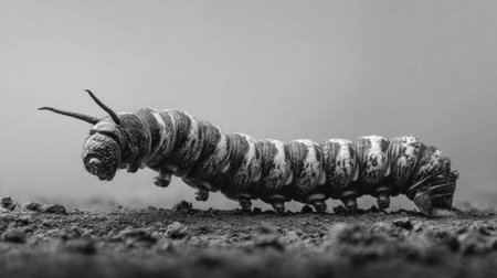 Close up of a large caterpillar crawling on the ground, showcasing its unique patterns and textures in monochromeの素材