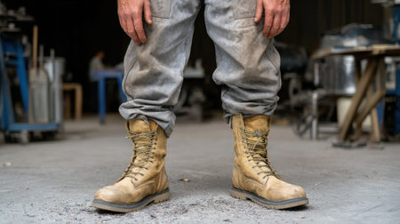 Close up of worker's worn safety boots in a workshop, emphasizing workplace safety and industrial environmentの素材