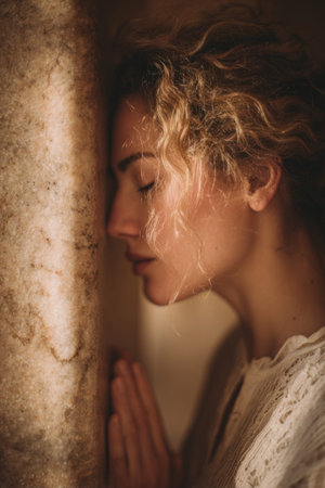 Female figure with curly hair leans against a stone pillar, hands together in a moment of reflection, creating a tranquil and intimate atmosphereの素材