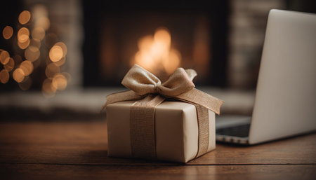 A beautifully wrapped gift box with a ribbon is placed on a wooden table, while a warm fireplace glows in the background, enhancing the festive ambianceの素材