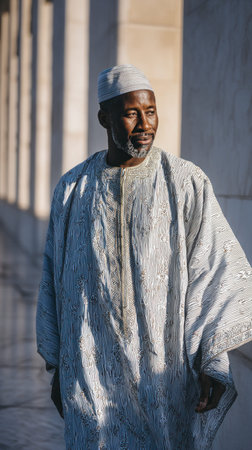 Adult man dressed in a patterned boubou, walking in sunlight, highlighting traditional West African fashion and cultural pride, with a calm demeanor and graceful movementの素材