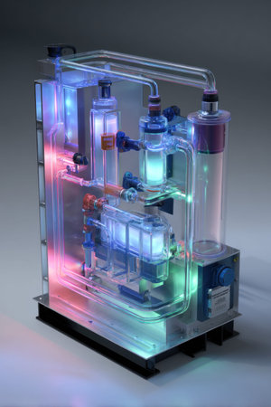 Intricate network of transparent pipes and containers forming a sophisticated industrial system, illuminated by vibrant colorful lighting, suggesting advanced technology and complex processesの素材