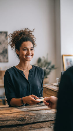 A cheerful woman with curly hair is assisting a traveler at a minimalist reception desk, creating a friendly environment filled with natural light and rustic wooden texturesの素材