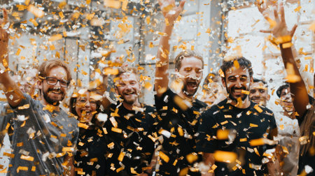 Group of diverse individuals celebrating a successful product launch, surrounded by colorful confetti, expressing excitement and teamwork in a lively and energetic environmentの素材