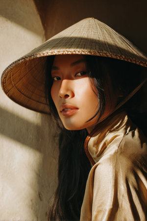Female subject wearing a conical hat, captured in soft light, highlighting her features and cultural attire, creating a tranquil and reflective atmosphereの素材