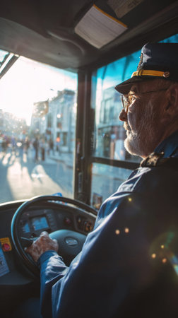 An elderly bus driver is focused at the wheel, navigating bustling city streets during the morning. The warm sunlight creates a vibrant atmosphere, highlighting the essence of urban transportationの素材