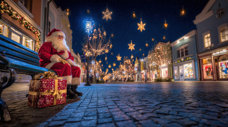 Santa Claus sits on a bench in a serene town square at night, opening a colorful gift, with glowing lights and holiday decorations creating a magical atmosphereの素材