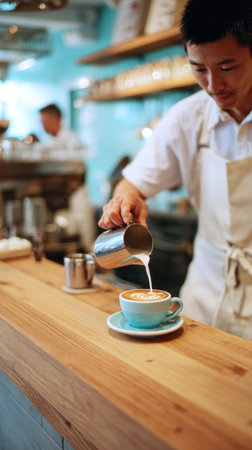 A focused barista pours creamy milk into a blue cup, creating intricate latte art on a wooden counter, with a lively cafe atmosphere and soft lighting enhancing the sceneの素材