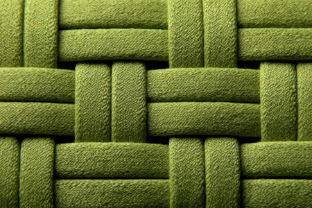 This overhead view captures a perfectly squared weave in vibrant green fabric, highlighting the intricate texture and craftsmanship, perfect for textile design and creative projectsの素材