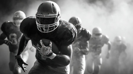 Monochrome high contrast scene of a single American football player running forward with teammates visible in the background during a game scenarioの素材