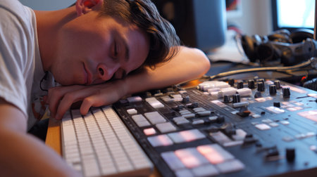 Young man rests his head on his arm while working at a sound mixing console, surrounded by audio equipment, showcasing the immersive environment of music production and creativityの素材