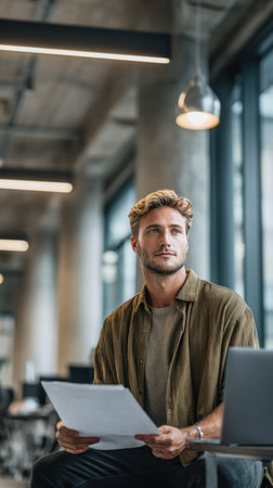A young professional man is seated in a contemporary office, holding papers and reflecting on his work, surrounded by large windows and a sleek laptop, creating an inspiring atmosphereの素材