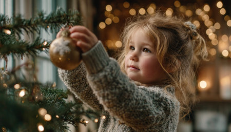 Young girl with curly hair in a cozy sweater is adjusting a matte gold ornament on a beautifully decorated Christmas tree, with warm lights creating a magical holiday atmosphereの素材