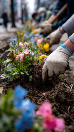 Hands in gloves planting vibrant flowers in a garden bed along a city sidewalk, with blurred figures and urban buildings visible in the backgroundの素材