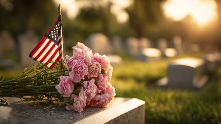 Pink carnations and a small American flag lie on a granite gravestone in a cemetery. The warm light...