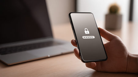 A fair-skinned individual uses a mobile phone to access a secure account, featuring a digital...