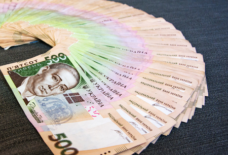 Stack of 500 hryvnyas, heap of money, cash, money fan,hryvnyas in veer