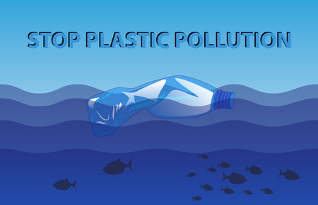 Stop plastic pollution slogan with crumpled plastic bottle in the water wavesのイラスト素材