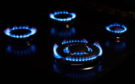 Four blue flames of natural gas stove in the darkの写真素材