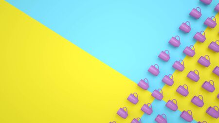 3d rendering of purple mugs on blue yellow background. Creative design. Hot drinks concept. Banner with copy spaceの写真素材