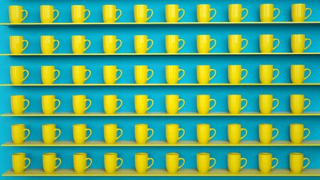 Cups pattern. Yellow mugs on blue background. Cups on shelves. 3d illustration