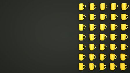 3d banner with yellow mugs and copy space on black background. Hot drinks concept. Tea or coffee concept. Minimal idea. 3d illustrationの写真素材