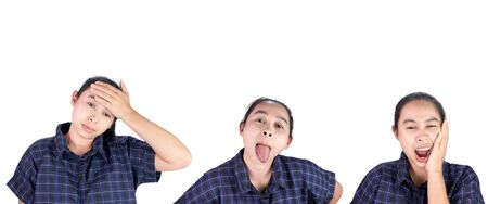 Set of Asian young woman health, Fever, Tongue wound and Toothache isolated on white background.の写真素材