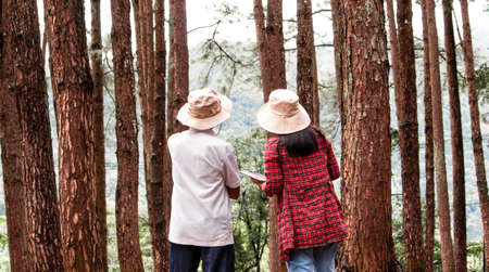 Young woman with her grandfather using digital tablet in pine forest, talking about family organic...