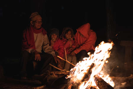Family warms near campfire in forest and having a conversation. Night camping near bonfire in pine forest. Tourism and camping concepts.の写真素材