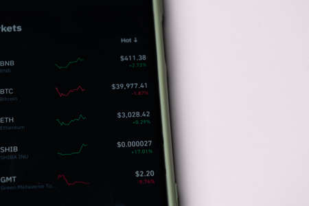Cryptocurrency market value on smart phone app concept. Smart phone with Crypto wallet is on the...