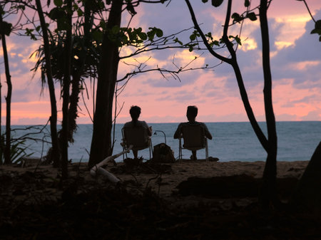 Couples sit and watch the sunset by the sea. Silhouettes of women and men sitting on a bench watching the serene sunset over the ocean. Relaxation and vacation travel conceptの写真素材