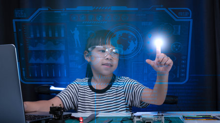 Child learning repairing getting lesson control toy drone in workshop, coding and solving engineering problem at home. Little Scientist School Project. STEM Education and Science technology concept.の写真素材