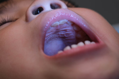 Close-up inside the oral cavity of a healthy child with beautiful rows of baby teeth. Young girl opens mouth revealing upper and lower teeth, hard palate, soft palate, dental and oral health checkup.の写真素材