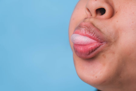 Young woman chewing gum and blowing bubble gum on blue background.の写真素材