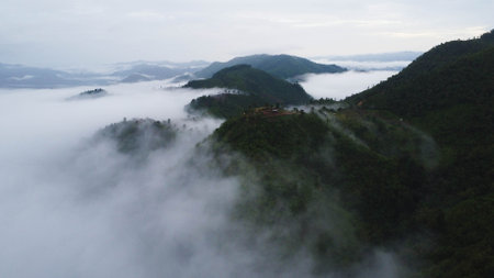 Aerial view of the trees in the valley with fog in the morning. Landscape of misty valley and mountain clouds in thailand. The dawn of the mountains with the sea of mist.の写真素材