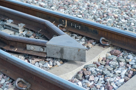 Train tracks in rural scene. Railroad in the park. vintage railroad close up.の写真素材