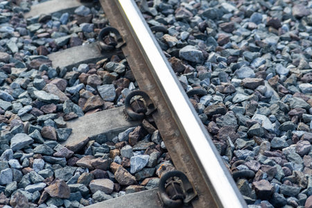 Train tracks in rural scene. Railroad in the park. vintage railroad close up.の写真素材