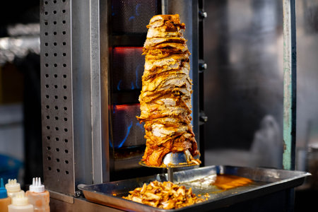 Arab Shawarma of meat chicken preparation placed on spit grilled with burn in the Pai walking street market, Mae Hong Son, Thailand.の写真素材