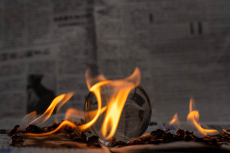 Glass globe on fire. Planet Earth Burning. Global Warming and Climate Change Concept.の写真素材