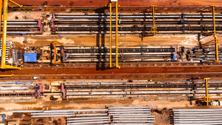 Aerial view of a cement bridge under construction. Road currently under construction at several...