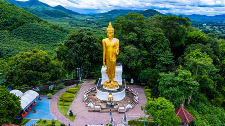 Aerial view of the Pra Yai Phu Khok Ngio or Chiang Khan Skywalk, Loei Province's newest landmark, overlooking the Hueang River flowing through to meet the Mekong River.の写真素材