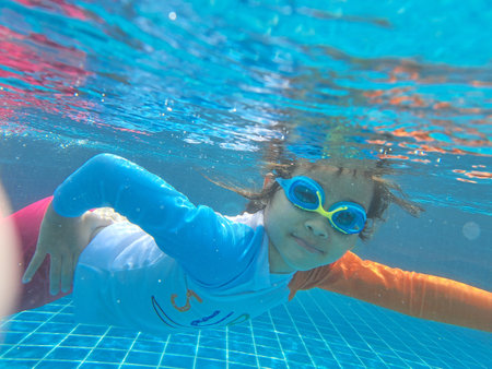 Girl taking a photo of herself underwater happilyGirl taking a photo of herself underwater happilyの写真素材